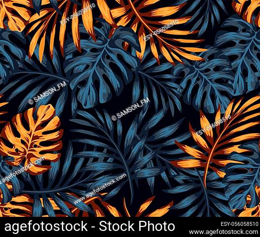Vector seamless pattern with gold and black tropical leaves on a dark background. Exotic botanical background design for cosmetics, spa, textile