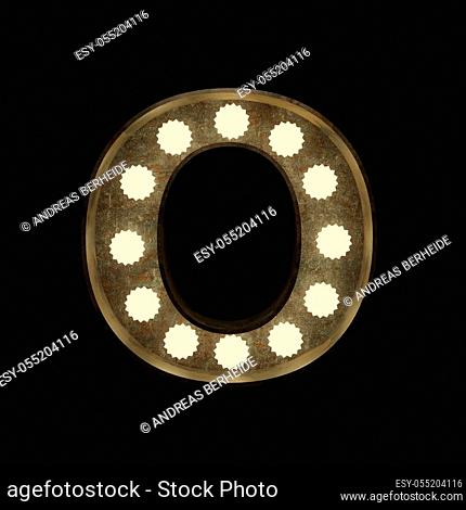 Metal letter O with small lamps on a dark background, 3d rendering
