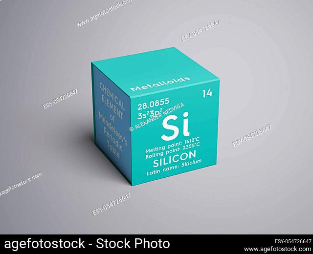 Silicon. Silicium. Metalloids. Chemical Element of Mendeleev's Periodic Table. Silicon in square cube creative concept. 3D illustration
