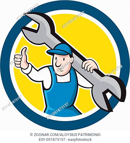 Illustration of a mechanic thumbs up holding spanner wrench on shoulder set inside circle on isolated background done in cartoon style