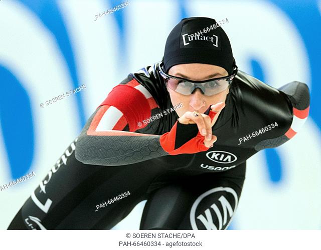 Ivanie Blondin of Canada starts her 3000m race against Sablikova of the Czech Republic, at the ISU World Allround Speed Skating Championships in Berlin, Germany