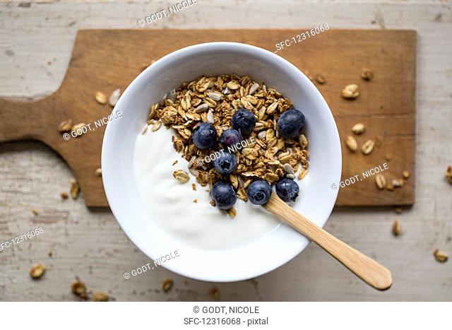 Yogurt with Muesli and Blueberries for Breakfast