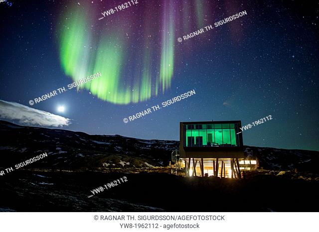 Aurora borealis over Hotel ION, located by Nesjavellir Power Plant, Iceland