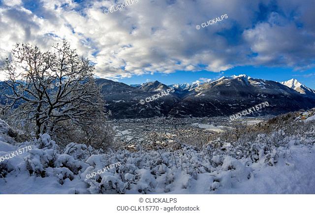 Morbegno and Monte Legnone after a snowfall, Valtellina, Lombardy, Italy, Europe