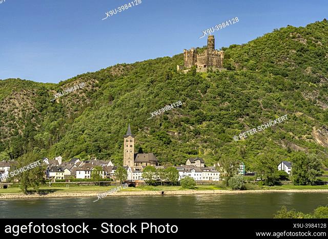 Wellmich, Maus Castle and the Rhine river, world heritage Upper Middle Rhine Valley, Sankt Goarshausen, Rhineland-Palatinate, Germany