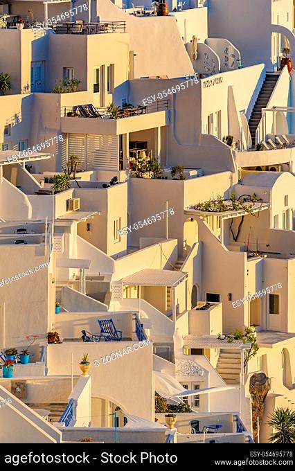 Typical view of Fira village patios at sunset, Santorini island, Greece