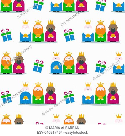 Three Kings and gifts seamless pattern. Flat vector Illustration