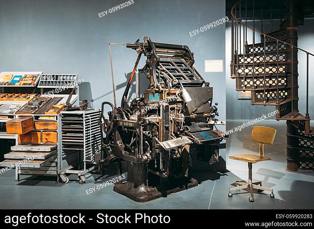 Dobrush, Belarus: Typesetting Linotype Machine 1974 Year Of Manufacture. Dobrush Paper Mill Museum. Famous Landmark, Historical Heritage