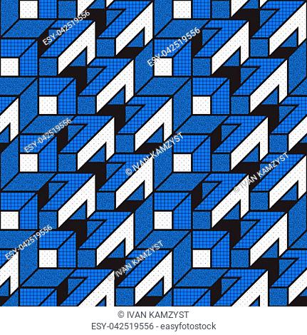 Vector geometric seamless patterns with textured bold mathematical shapes in blue, white, black colors