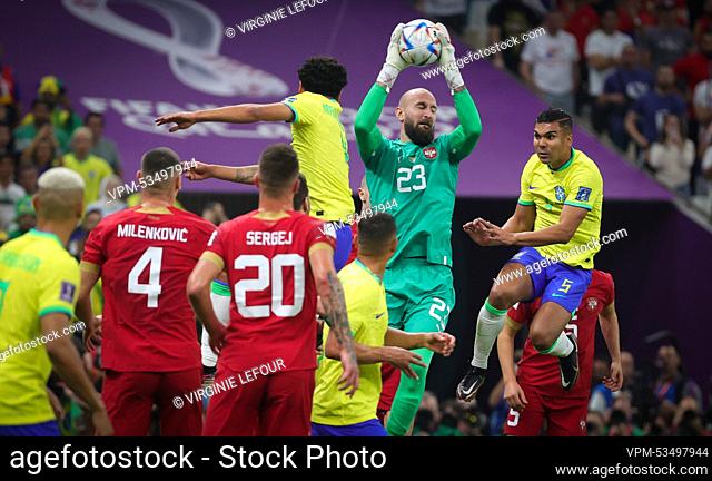 Serbian Vanja Milinkovic-Savic and Brazilian Casemiro fight for the ball during a soccer game between Brazil and Serbia, in Group G of the FIFA 2022 World Cup...