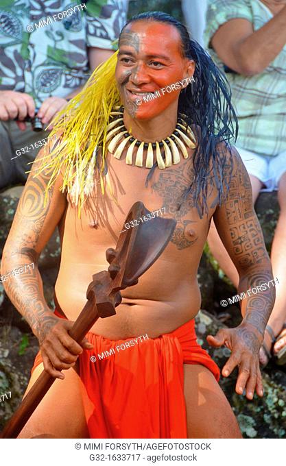 Marquesan man, dancer with casse-tete club, Nuku Hiva, Marquesas Islands, French Polynesia
