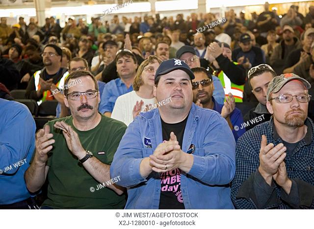 Sterling Heights, Michigan - Workers at Chrysler's Sterling Heights Assembly Plant at a ceremony celebrating new employment at the factory  The plant had been...