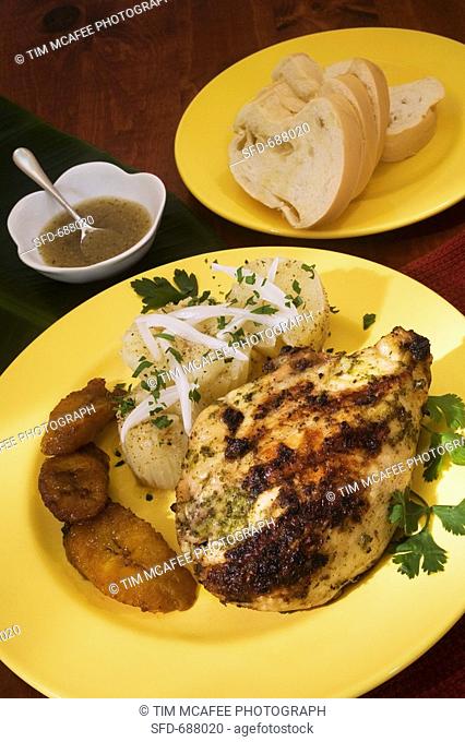 Grilled Chicken Adobo, Yuca with Mojo, and Maduros fried plantains