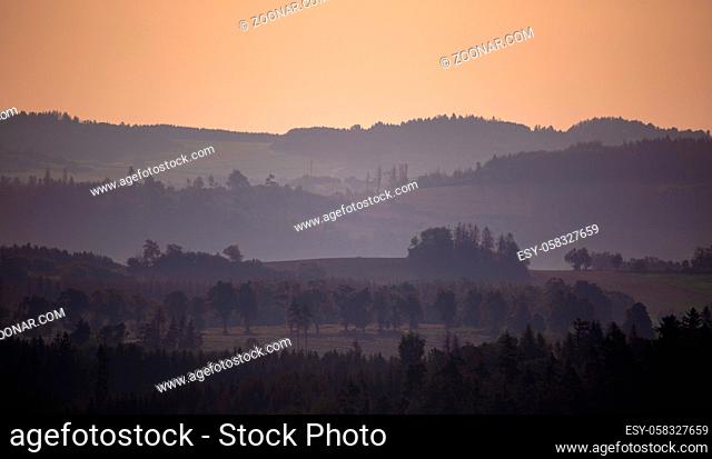 autumn fall landscape, Central europe. Foggy and misty sunrise landscape, Puklice Czech Republic