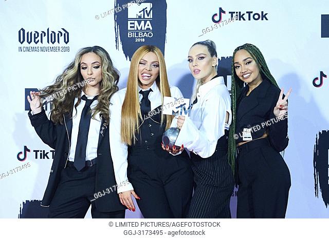 Little Mix poses in the press room during the 25th MTV EMAs 2018 held at Bilbao Exhibition Centre 'BEC' on November 5, 2018 in Madrid, Spain