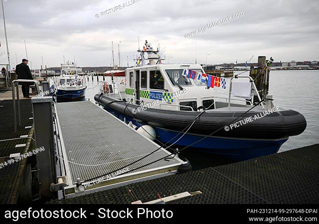 14 December 2023, Schleswig-Holstein, Kiel: The new police boat ""Seestern"" is moored at the pier of the Kiel water police station on the Kiellinie before its...