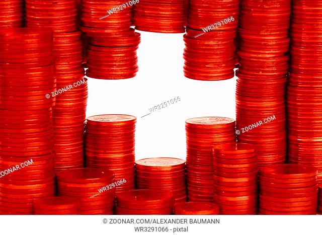 swiss flag buildt from stacks of coins