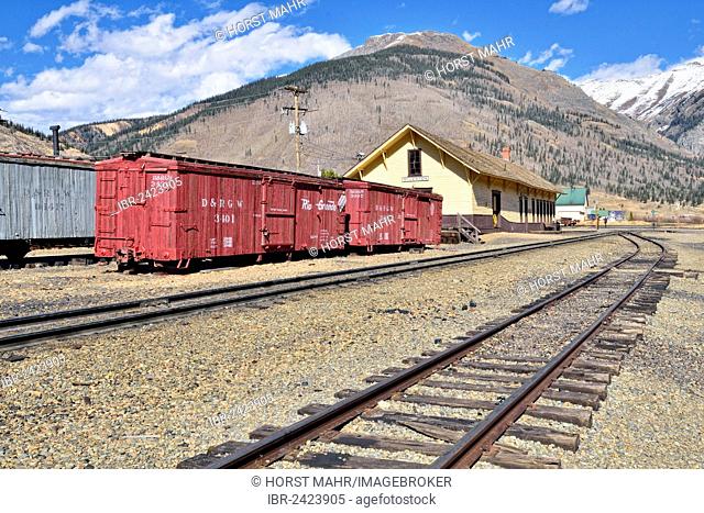 Historic train station with wagons of the Denver & Rio Grande Western Railroad Company, silver mining town of Silverton, Colorado, USA