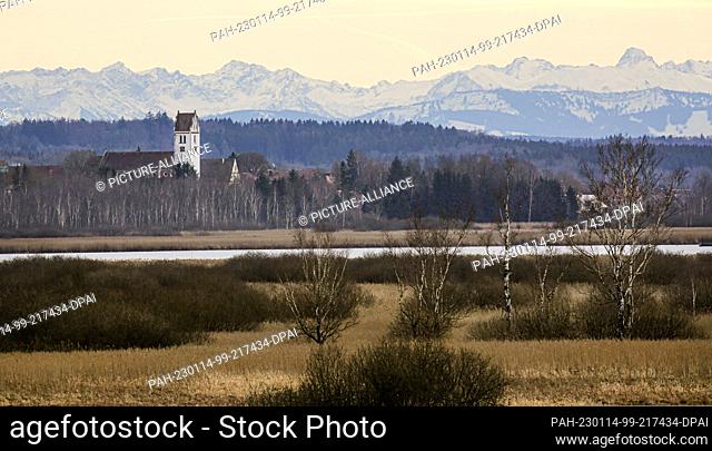 14 January 2023, Baden-Wuerttemberg, Bad Buchau: View of the church St. Laurentius in Oggelshausen at the Federsee. Due to the foehn weather, the Alps
