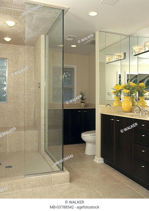 Bathrooms, shower, toilet,  wareh table, truncated  Bath, detail, wareh area, wareh-basins, mirrors, shower wall, glass wall, detachment, residential design