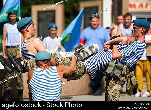RUSSIA, NOVOSIBIRSK REGION - AUGUST 2, 2023: Patrioty Spetsnaza military patriotic club members show their skills during celebrations at the Memorial to the...