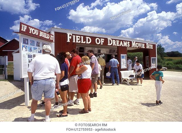 Iowa, Dyersville, Field of Dreams Movie Site in Dyersville. Crowd of people congregate around souvenir booth