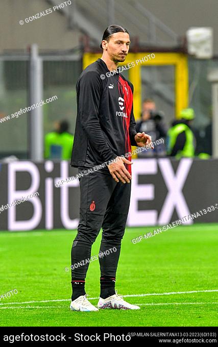 Milano, Italy. 13th, March 2023. Zlatan Ibrahimovic of AC Milan is warming up before the Serie A match between AC Milan and Salernitana at San Siro in Milano