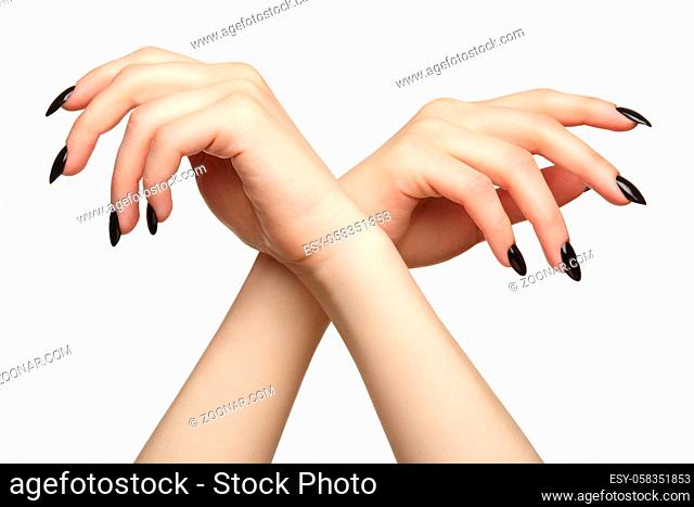 Female hands with black nails manicure. Isolated on white background