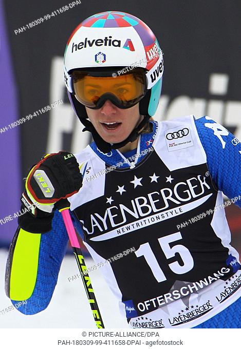 09 March 2018, Germany, Ofterschwang: alpine skiing, World Cup, women, giant slalom, second run: Italy's Marta Bassino reacts to her performance
