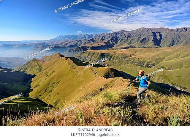 Woman hiking with Cathkin Peak, Champagne Castle, Windsor Castle and Thaba Chitja in background, from Cathedral Peak, Mlambonja Wilderness Area, Drakensberg