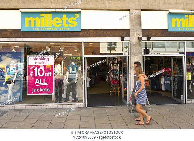 The Millets outdoor clothing shop store in Norwich, Norfolk, Uk
