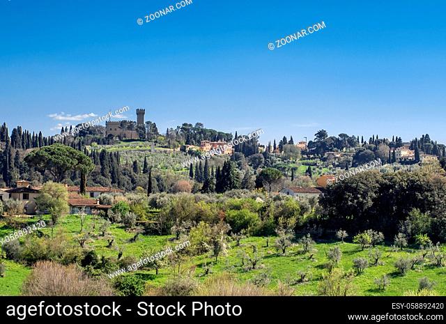 Panoramic view from from the Boboli Gardens. Torre del Gallo - historical ancient building in Florence, Tuscany, Italy