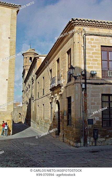 Streets of Baeza and facade of the former University Santisima Trinidad. Jaen province. Andalusia. Spain