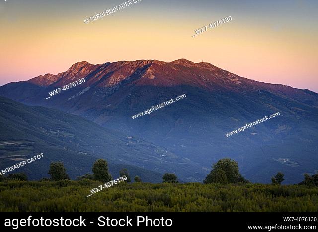Montseny mountain, seen from the Pla de la Calma meadow, with the view of Turó de l'Home and Agudes summits at sunset (Barcelona, Catalonia, Spain)