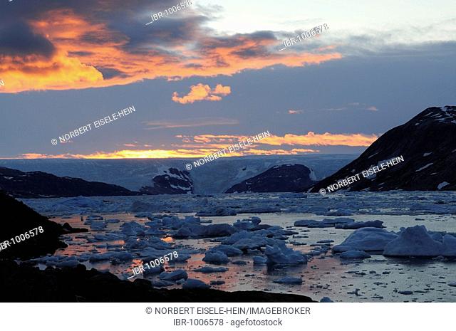 Ice sheet, Brueckner Glacier and icebergs in the Johan Petersen Fjord, East Greenland, Greenland