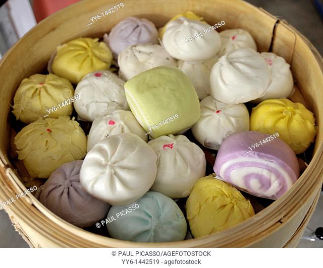 dumplings and colourful buns, chinese delicacy, chinatown , bangkok, thailand