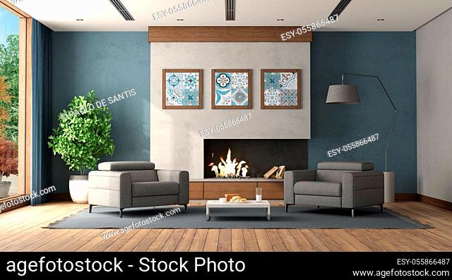 Modern living room with fireplace and two gray armchair - 3d rendering