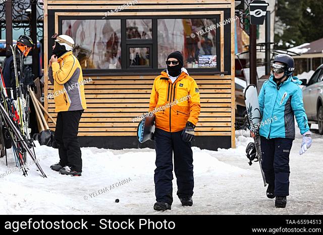 RUSSIA, KABARDINO-BALKAR REPUBLIC - DECEMBER 9, 2023: People visit the Elbrus ski resort, in the village of Terskol, Elbrussky District
