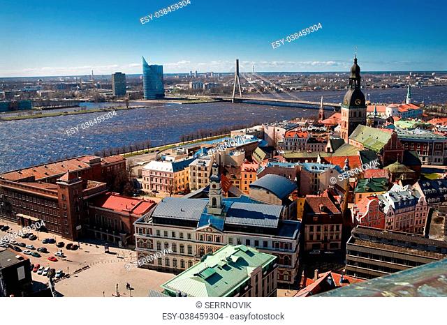 City panaram and view on a bridge in Riga, Latvia from Peter tower