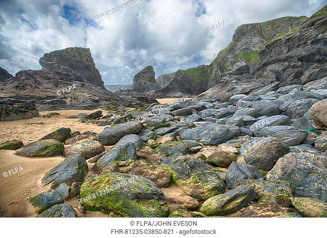 View of beach with slate outcrops, Bedruthan Steps, Bedruthan, Cornwall, England, june
