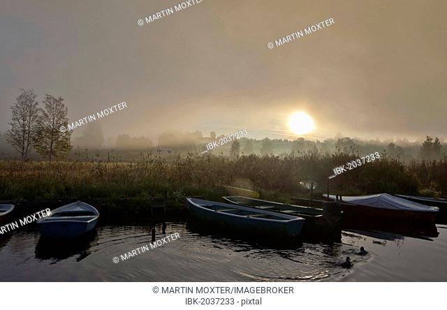 Boats in the fog on Lake Staffelsee with the island of Woerth near Seehausen, Murnau, Upper Bavaria, Bavaria, Germany, Europe, PublicGround
