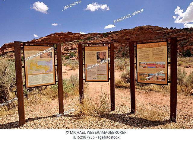 Information boards at the Trailhead Wirepass, starting point to The Wave Navajo sandstone rocks, North Coyote Buttes, CBN, Pahreah Paria Canyon
