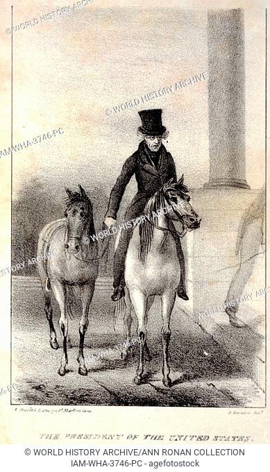 The President of the United States by Hervieu, Auguste circa 1829. Lithograph showing President Andrew Jackson on horseback, leading another horse