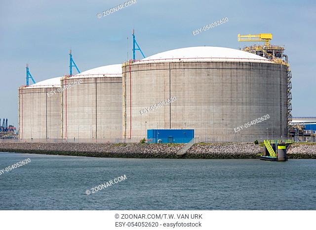 Oil storage tanks in Dutch harbor Rotterdam, biggest seaport of Europe