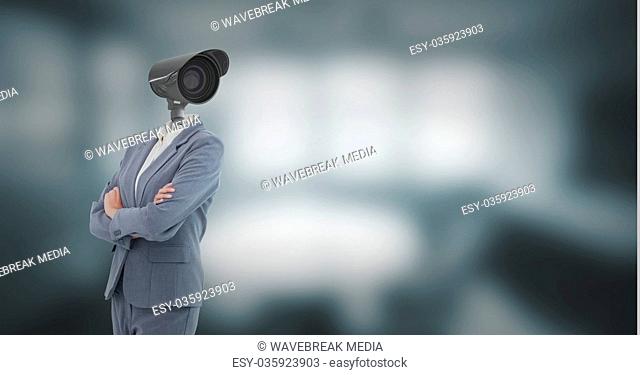 Businesswoman with CCTV head at office
