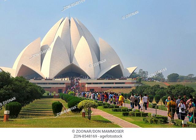 Lotus temple with a line of pilgrims, New Delhi, India