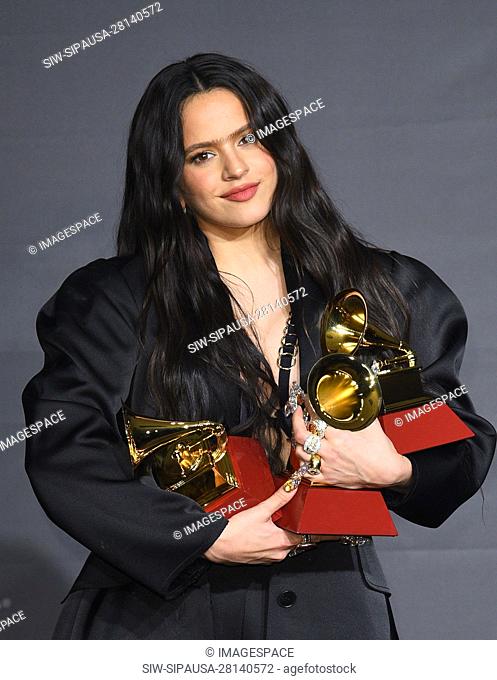 LAS VEGAS, NEVADA - NOVEMBER 14: Rosalía, winner of Best Urban Song and Best Contemporary Pop Vocal Album poses in the press room during the 20th annual Latin...
