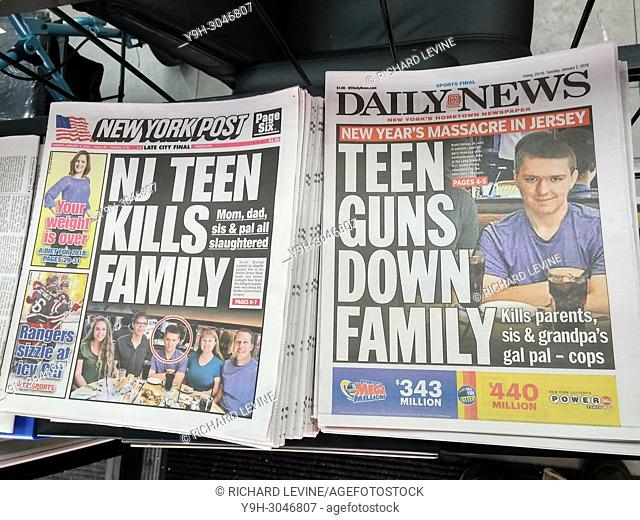 The front pages of New York tabloid newspapers on Tuesday, January 2, 2018 use similar covers for their coverage of the shooting by 16 year old Scott Kologi who...