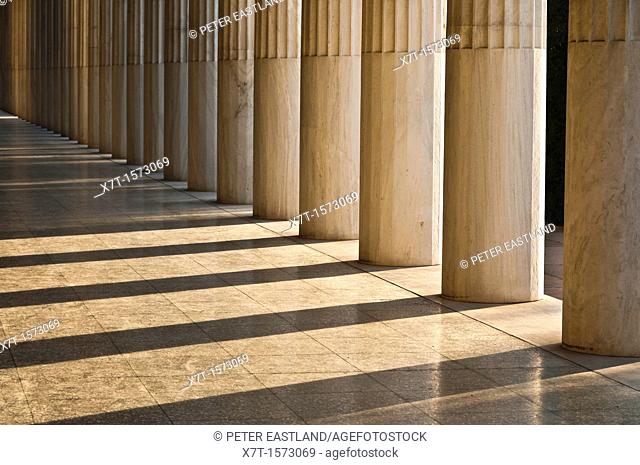 Detail of the colonnaded portico of the reconstructed Stoa of Attalos on the site of the Ancient Agora, below the Acropolis in central Athens, Greece