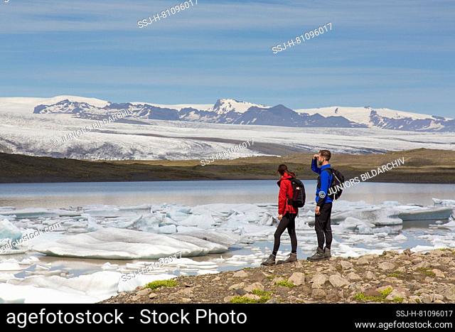View of the glacial lake Fjallsarlon with the glacier Fjallsjoekull in the background. Iceland